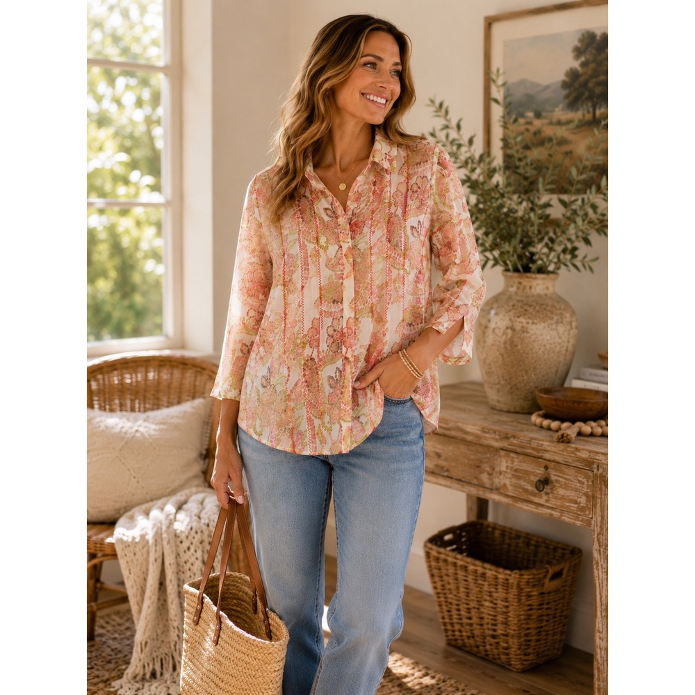 Coldwater Creek Sheer Paisley Blouse Medium Pintuck 3/4 Sleeve Boho Cottagecore